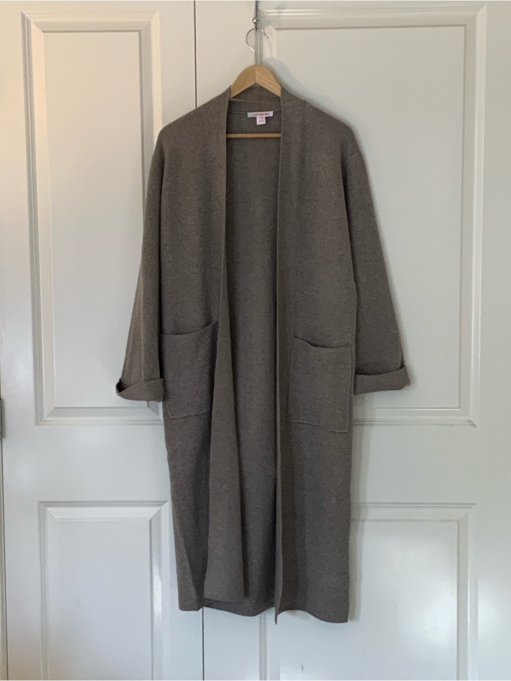Long Open-Front Wool Blend Coatigan in Taupe
